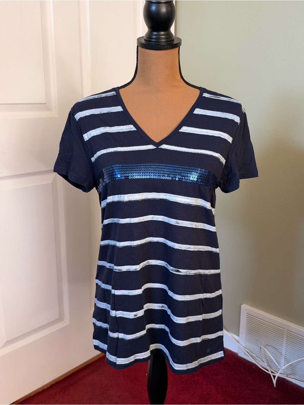 Tommy Hilfiger Navy and White Striped V-Neck Tee with Blue Sequin Band